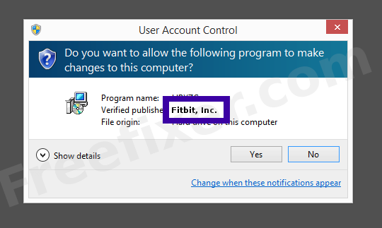 Screenshot where Fitbit, Inc. appears as the verified publisher in the UAC dialog